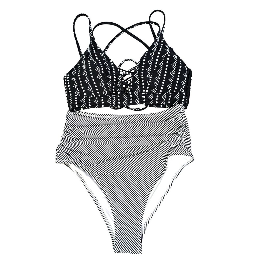 Womens Tribal Print Bikini Swimsuit Medium Lace Up Top High Waisted Bottom NEW